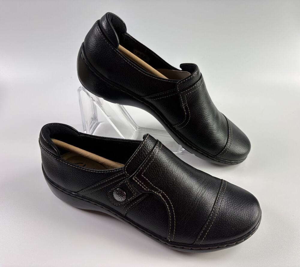 Clarks Cora Poppy Women's Black Leather Shoes Slip On Office Casual Size 7 M